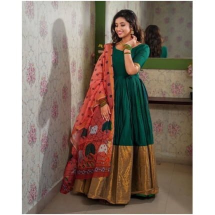 Green Colour silk with long border gown