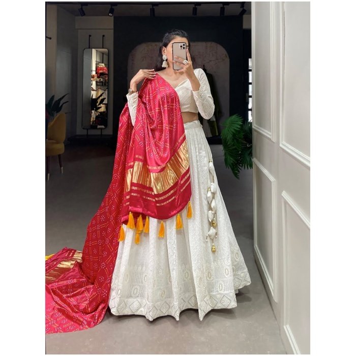 White Luckhnowi and Sequins Embroidered Lehenga and Blouse