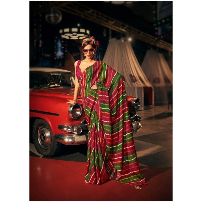 Green & Red Pure Dola Silk With Digital Print Saree