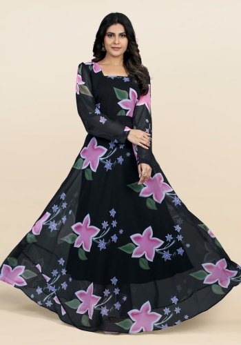 Black Georgette Gown with Flower Pattern