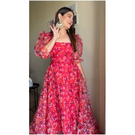 Red Long Gown with Digital Print
