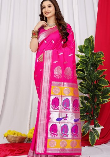 Hot Pink Chandramukhi Paithani Soft Pure Silk Saree