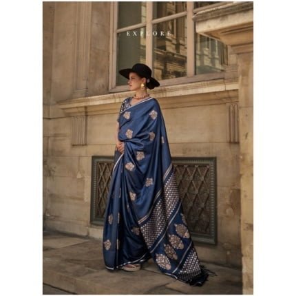 Indigo Pure Satin Weaving Silk Saree