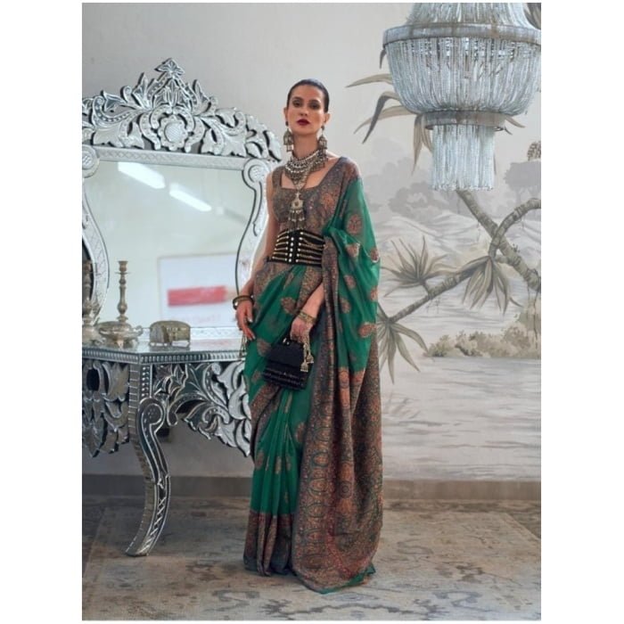 Cadmium Green Heavy Kashmiri Weaving Silk Saree