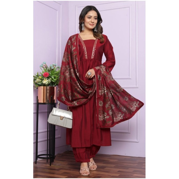 Red Gher Kurti set with Afghani Pant