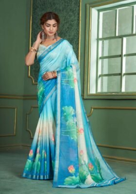 Teal Chanderi Cotton Digital Print Saree