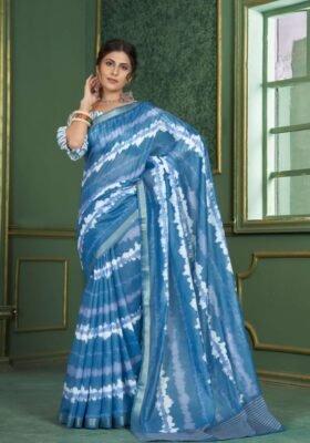 Cerulean Chanderi Cotton Digital Print Saree