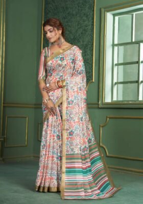 Multicolour Chanderi Cotton Digital Print Saree